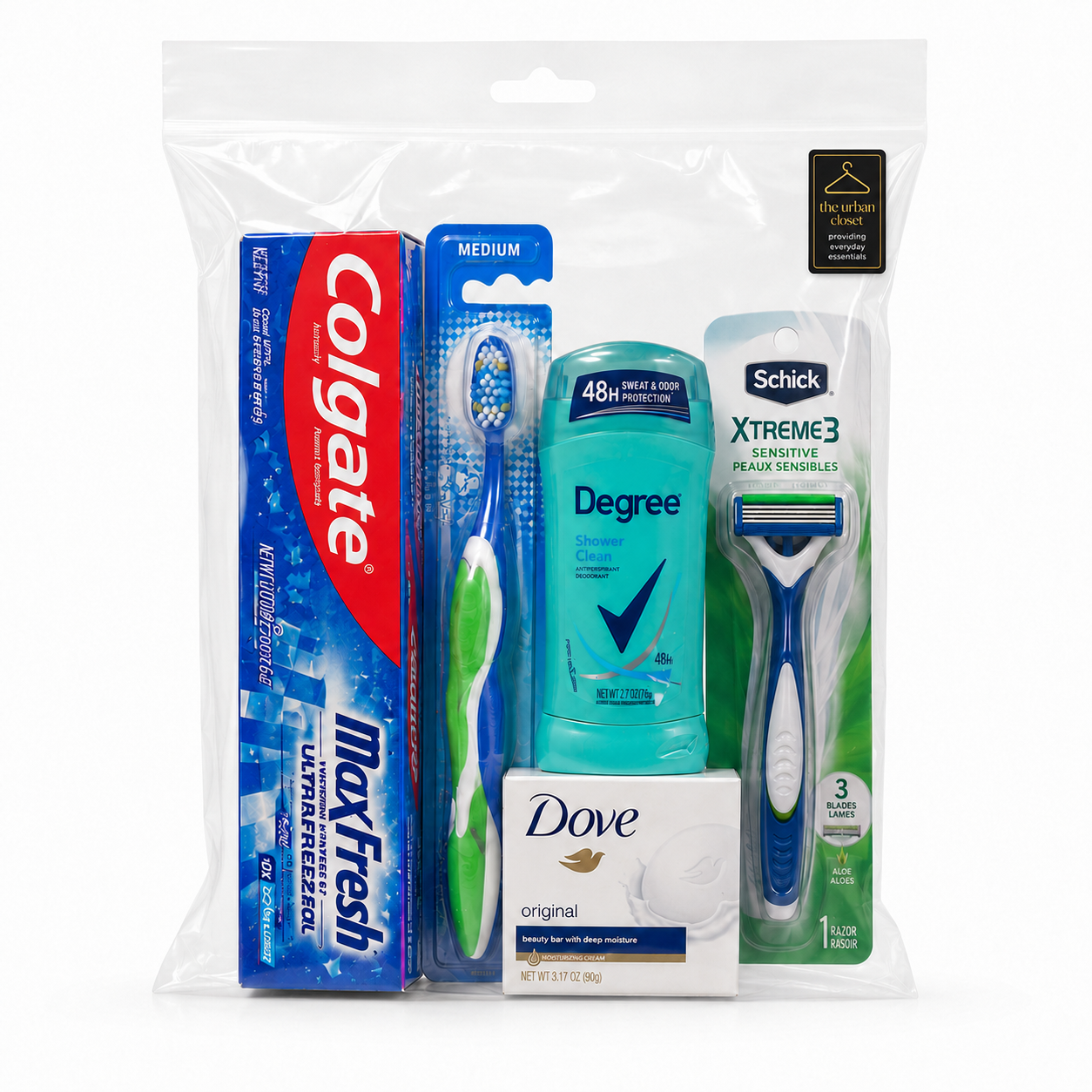 Basic Men's Hygiene Kit - Colgate toothpaste, toothbrush, Degree deodorant, Dove soap, and Schick razor