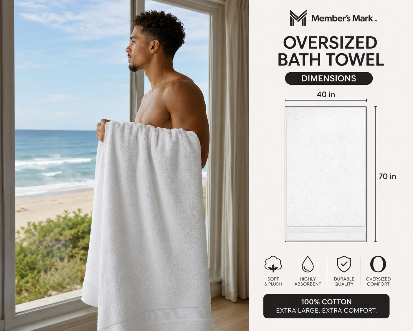 Member's Mark Oversized Bath Towel 40x70 inches, 100% Cotton