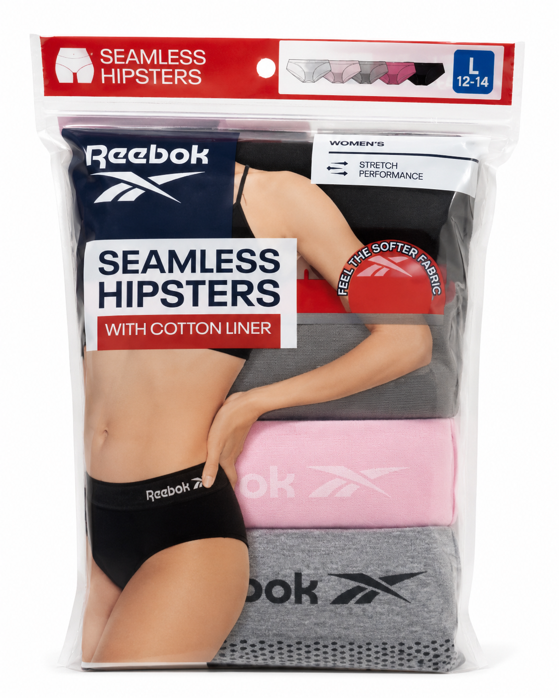 Reebok Women's Seamless Hipsters 4-Pack packaging
